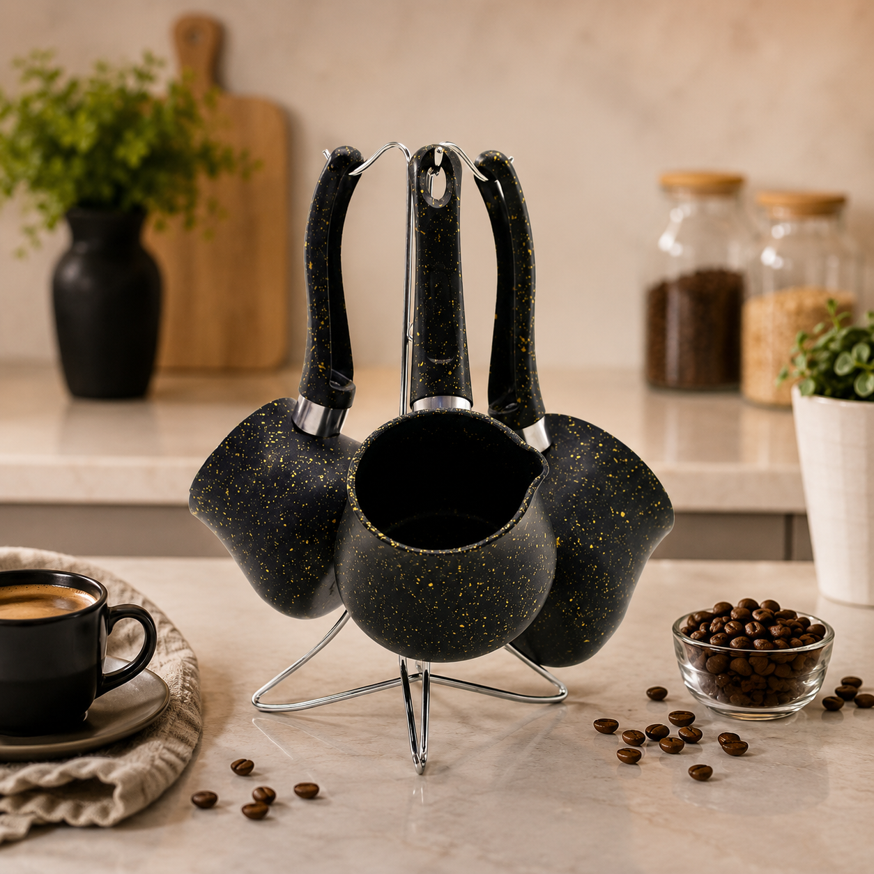 Granit Çelik Cezve Seti (230/280/380 ml) Metal Standlı