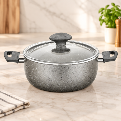 Granit Derin Tencere 24 cm Cam Kapak Gri Kırçıllı
