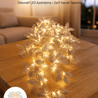Gümüş Yaprak Tasarımlı LED Işık Pilli Ev ve Vitrin Dekoru