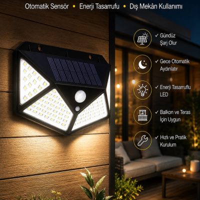 Güneş Enerjili Bahçe Aydınlatma Lambası Solar 100 Led Lamba