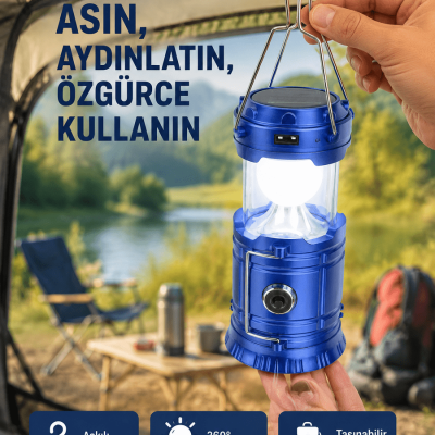 Güneş Enerjili Katlanabilir Kızaklı Kamp Feneri – USB Şarjlı, Çok Yönlü ve Dayanıklı Tasarım