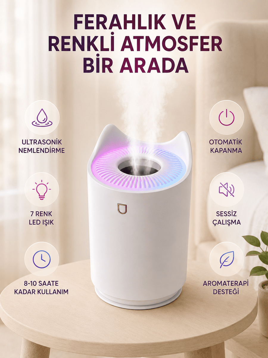 Hava Nemlendirici Buhar Makinesi Aromaterapi LED Işıklı Oda Nemlendirici