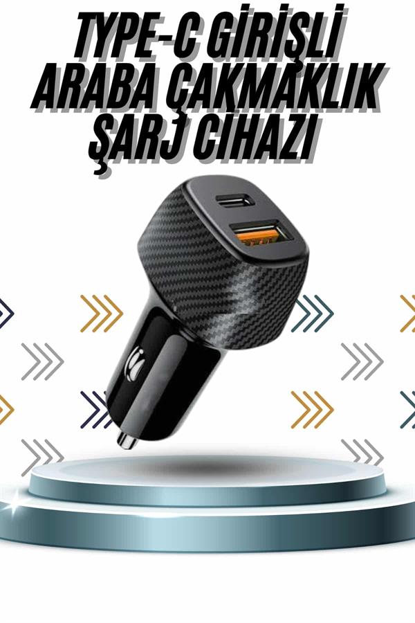 Hızlı Oto Şarj Cihazı 38W Çift Girişli HIzlı Şarj Oto Çakmaklık Type-C