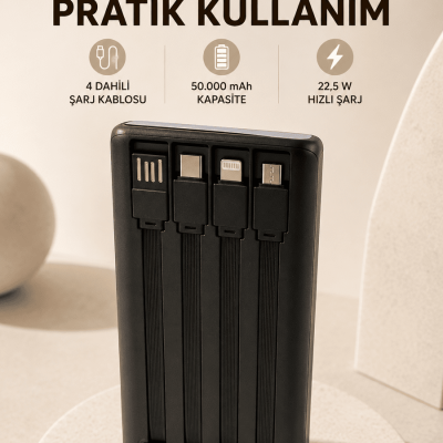 Hızlı Şarj Powerbank 50.000 mAh 4 Dahili Kablolu LED Aydınlatmalı Dijital Göstergeli Taşınabilir Batarya