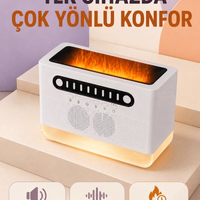 Hoparlörlü Simüle Alev Işıklı Çok Fonksiyonlu Gece Lambası