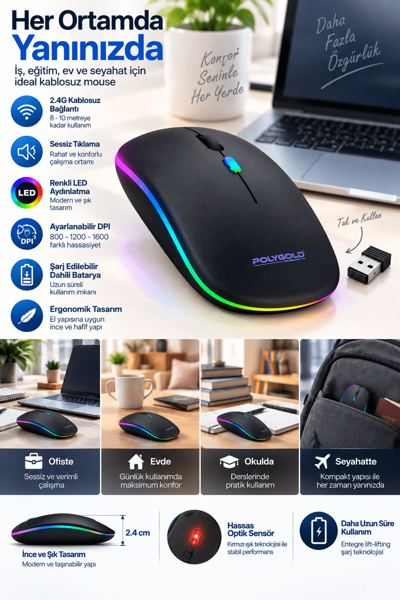8 10 Metre Menzilli Şarj Edilebilir Kablosuz Mouse