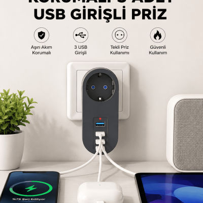 Isıya Dayanıklı 3 USB Portlu Güvenlikli Priz – Akıllı Enerji Yönetimi