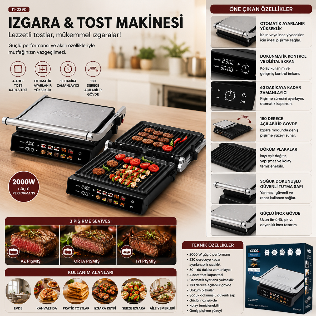 Izgara ve Tost Makinesi 4 Dilim 2000W Yapışmaz Dokunmatik
