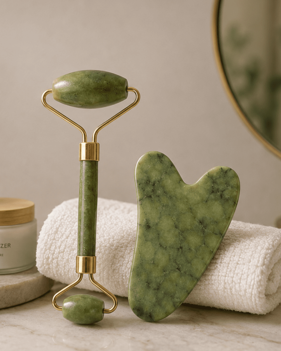 Jade Roller ve Gua Sha Taşı Yüz Bakım Masaj Seti