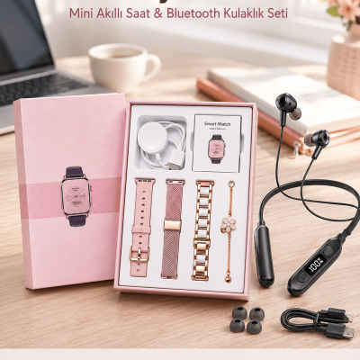 Kablolu Bluetooth Kulaklık ve Kadınlara Özel Bileklik Hediyeli Yeni Nesil Akıllı Saat 3 Kordonlu