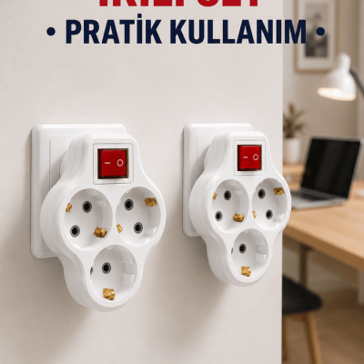 Kablosuz 3’lü Priz Çoklayıcı Açma Kapama Anahtarlı Duvar Tipi 2 Adet Set