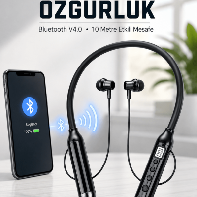 Kablosuz Bluetooth Boyun Kulaklığı 10 Metre Menzilli Mikrofonlu Ses Kontrollü Uzun Kullanım Süreli Kulak İçi Kulaklık
