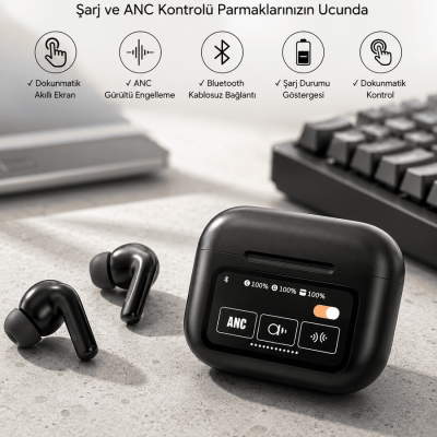 Kablosuz Bluetooth Kulaklık Ekranlı Uzun Şarj Süreli ANC Destekli