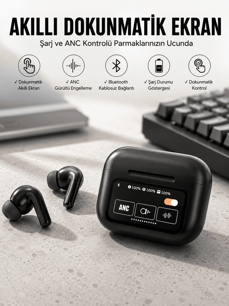 Kablosuz Bluetooth Kulaklık Ekranlı Uzun Şarj Süreli ANC Destekli