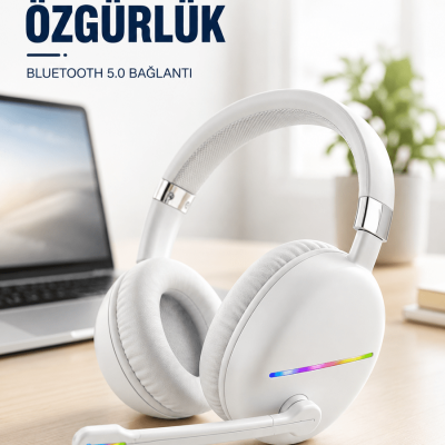 Kablosuz Bluetooth Mikrofonlu Beyaz Kulaklık  RGB Işıklı