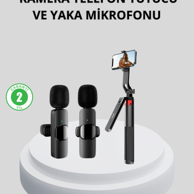 Kablosuz Çift Yaka Mikrofonu ve Tripodlu Selfie Çubuğu İçerik Üretici Seti