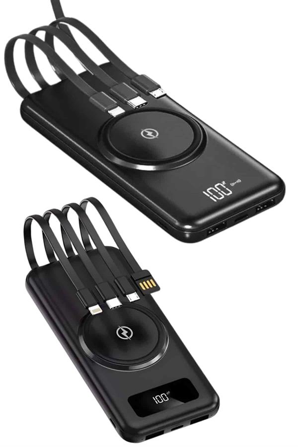 Kablosuz Çoklu Şarj Girişli 10.000 Mah Kablolu Powerbank Taşınabilir