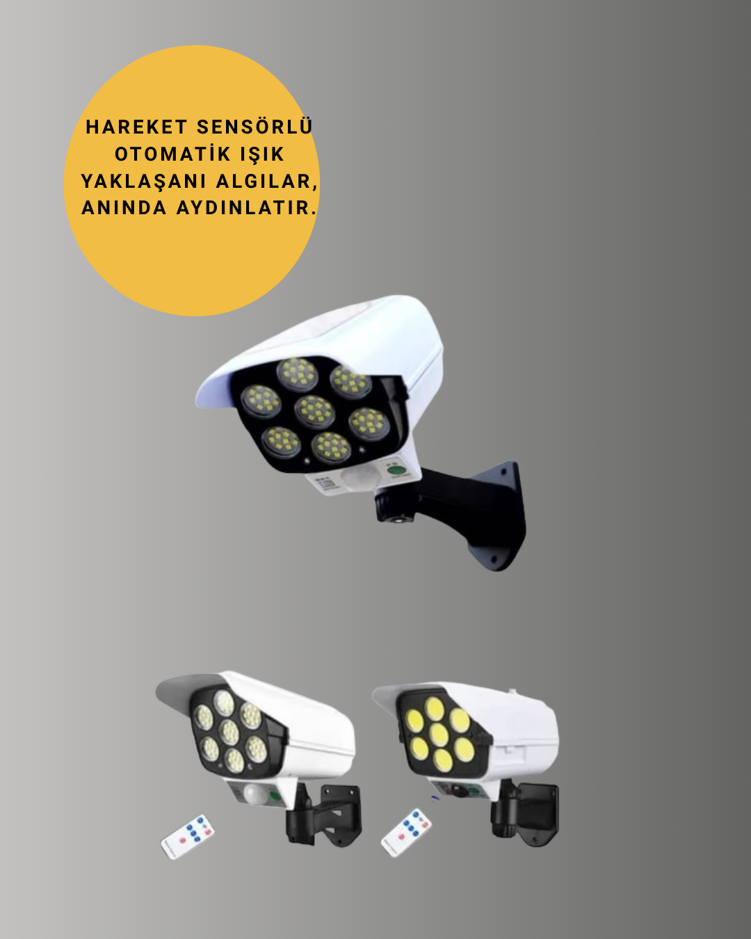 77 LED'li Güneş Enerjili Güvenlik Lambası ve Kukla Kamera – Hareket Sensörlü, 2400mAh Pilli