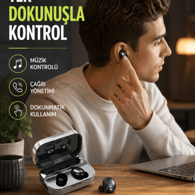 Kablosuz Kulak İçi Bluetooth Kulaklık – Dokunmatik Kontrol ve LED Şarj Ekranı