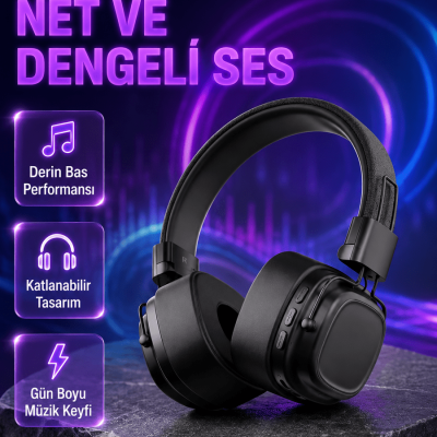 Kablosuz Kulak Üstü Bluetooth Kulaklık Güçlü Bas ve Katlanabilir Tasarım
