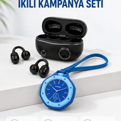 Kablosuz Kulaklık Mavi Çanta Aksesuar Saati Kampanyalı Müzik ve Günlük Kullanım Seti