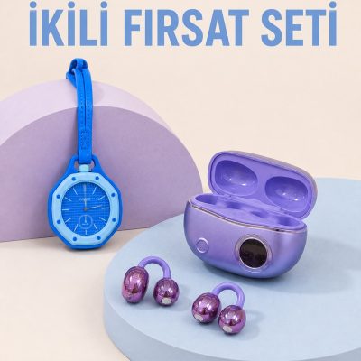 Şarj Kutulu Kablosuz Kulaklık ve Askılı Analog Charm Saat Kampanya Seti Mor Mavi