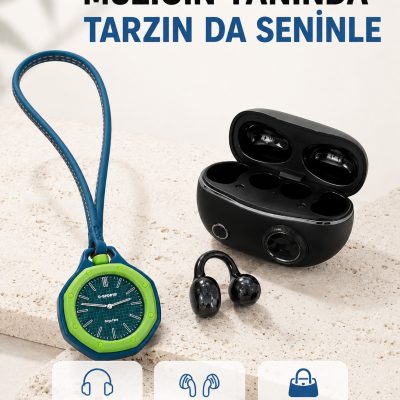 Kablosuz Kulaklık ve Yeşil Askılı Çanta Charm Saat Kampanya Seti Şarj Kutulu Bluetooth Kulaklık