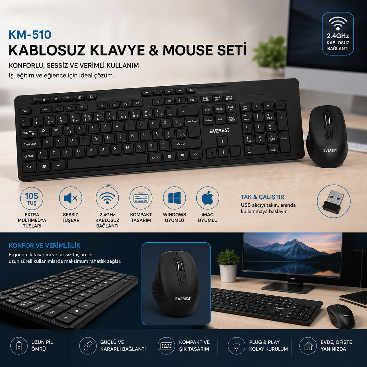 Kablosuz Multimedya Klavye ve Mouse Seti (Q Klavye) - Siyah