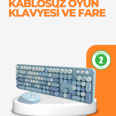 Kablosuz Retro Klavye ve Mouse Seti – 104 Tuşlu Sevimli Tasarım