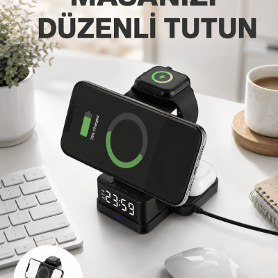 Dijital Saatli Kablosuz Şarj İstasyonu – 3’ü 1 Arada Uyumlu Hızlı Şarj ve LED Ekran Yeni Nesil