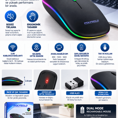 Kablosuz Şarjlı Sessiz Tıklamalı Ergonomik Mouse