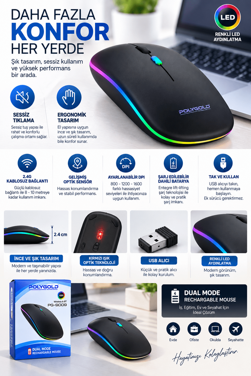 Kablosuz Şarjlı Sessiz Tıklamalı Ergonomik Mouse