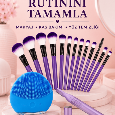 Kadın Güzellik Seti 12’li Mor Makyaj Fırçası Kaş Düzeltici ve Silikon Yüz Temizleme Cihazı Cilt Bakım Seti