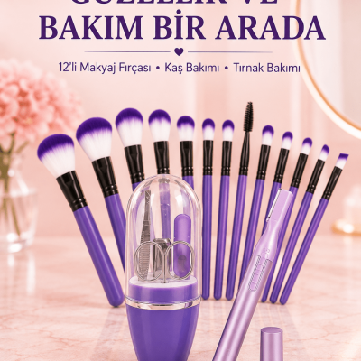 Kadın Makyaj ve Kişisel Bakım Seti 12’li Mor Makyaj Fırçası Kaş Düzeltici ve Manikür Tırnak Bakım Seti
