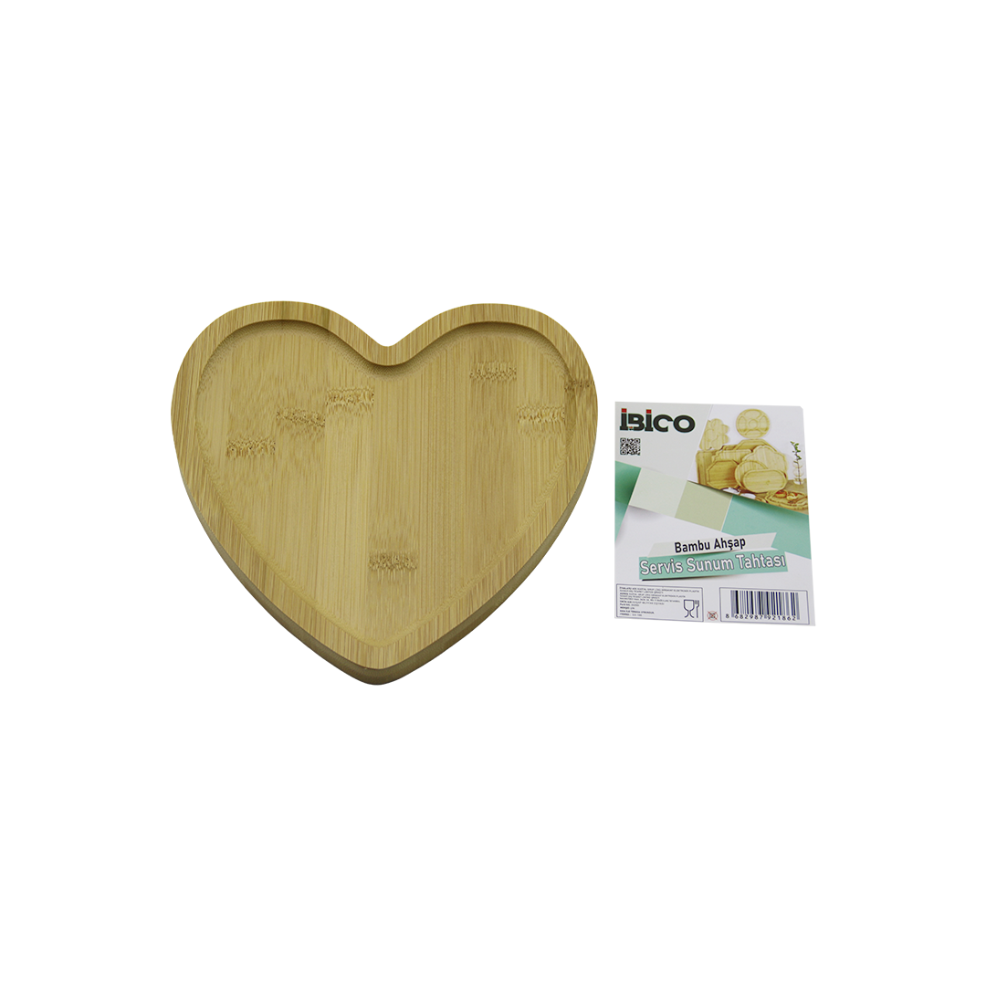 Kalp Model Bambu Ahşap Sunum Tepsisi - 20.5 x 19.5 x 1.4 cm