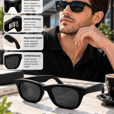 Kameralı Akıllı Güneş Gözlüğü Smart Glasses Siyah Şık Tasarım