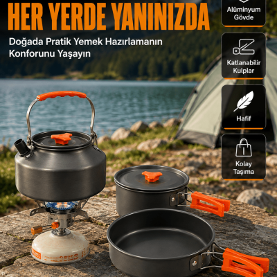 Katlanabilir Kulplu Alüminyum Kamp Tencere Tava Çaydanlık Seti Piknik ve Doğa Kampı İçin