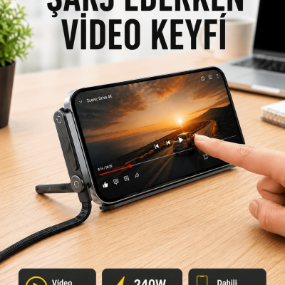 Katlanabilir Telefon Standlı 240W Type-C Hızlı Şarj Kablosu