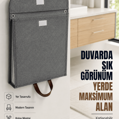 Katlanır Duvar Askılı Çamaşır Sepeti Geniş İç Hacimli Banyo Düzenleyici