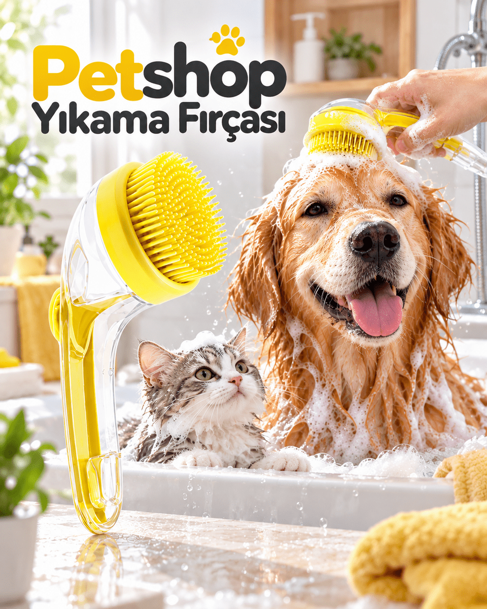 Kedi Köpek Banyo ve Masaj Fırçası Şampuan Hazneli Yumuşak Silikon Uçlu Yıkama Aparatı