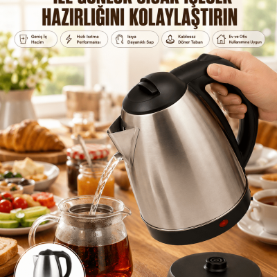 Kettle Su Isıtıcı C F Priz Uyumlu 220 - 240 V Paslanmaz Çelik Kablolu