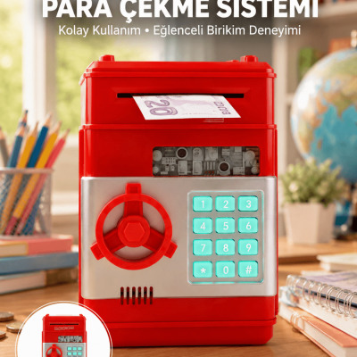 Kırmızı Şifreli ATM Kasa Para Yutan Kumbara