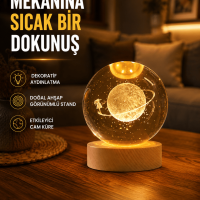 Kız Figürlü Sarı Cam Küre Işıklı Büyük Boy Ahşap Standlı Dekor