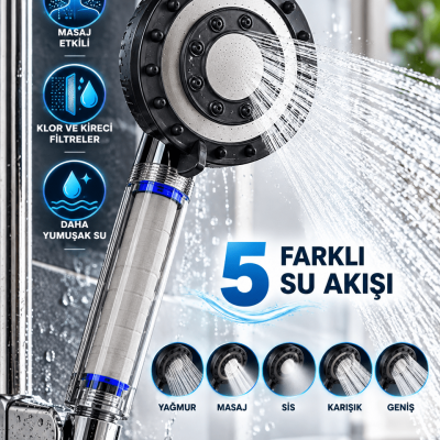 Klor ve Kireç Filtreli Duş Başlığı 5 Farklı Su Akışı Masaj Etkili Filtreli Duş Başlığı