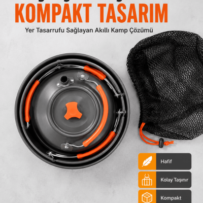 Kompakt Kamp Yemek Seti Alüminyum Tencere Tava Çaydanlık Taşıma Fileli Outdoor Set