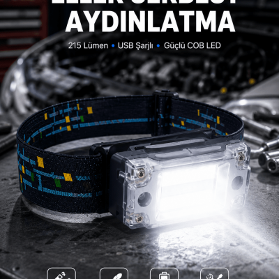 Kompakt LED Kafs Feneri USB Şarjlı Manyetik 2 Işık Modlu 215 Lümen Yeni Nesil