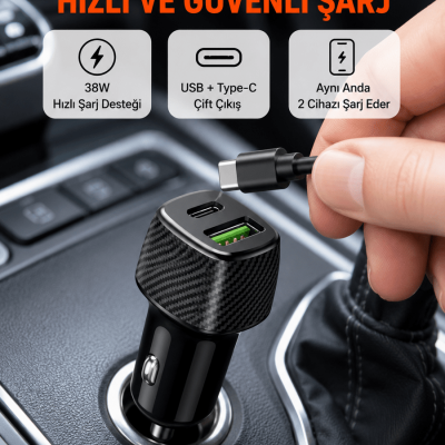 Kompakt Tasarımlı Type-C + USB Girişli Araç Şarj Başlığı