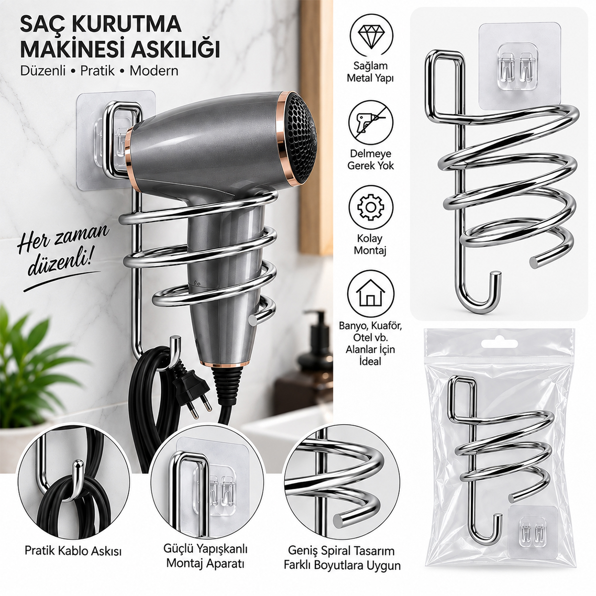 Krom Metal Fön Makinesi Askısı Yapışkanlı