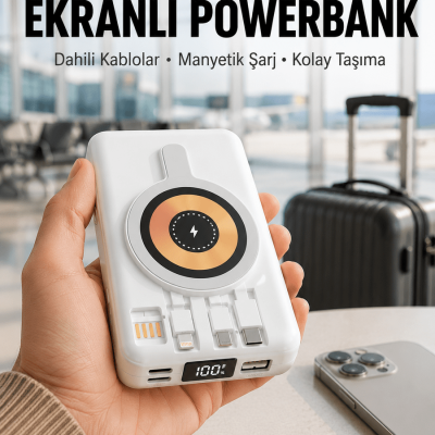 LCD Göstergeli Manyetik Powerbank Type C USB Girişli Yeni Nesil