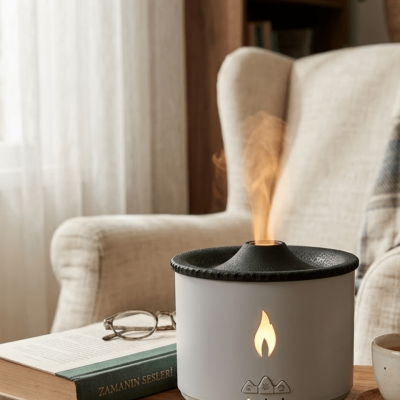 LED Alev Efektli Aroma Difüzörü Ultrasonik Hava Nemlendirici Gece Lambası Fonksiyonlu
